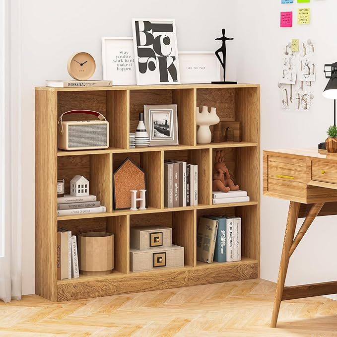 Tangkula 10-Cube Bookshelf, 47.5”L Floor Bookcase with 2 Anti-Tipping Kits, Freestanding Storage Organizer, 4-Tier Display Shelf for Home, Office & Dorms, Natural/White (Natural, 10-Cube)