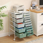LDAILY 15 Drawer Rolling Storage Cart, Rolling Cart with Drawers for Classroom, Art Supply Craft Organizer on Wheel with Metal Frame & Handles for Home Office School (Gradient Green, 15 Drawer)