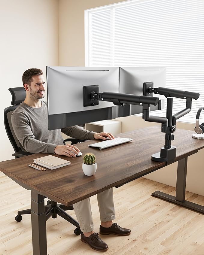 monTEK Dual Monitor Stand Mount with USB for Up to 35" Screens,Tall Post Mounted Monitor Arm Holds Max 24.25lbs Per Screen, Full Motion Adjustable Monitor Arm Desk Mount with C-Clamp/Grommet