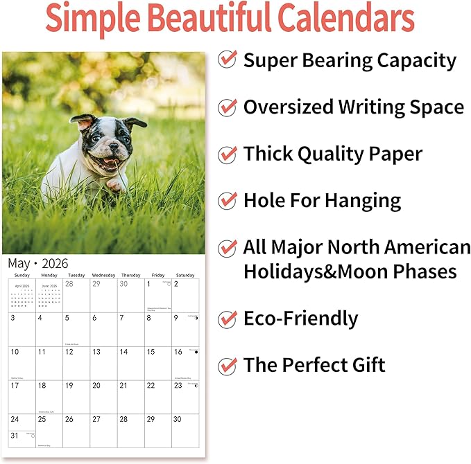2026 Wall Calendar,Calendar 2026, November 2025 - December 2026, Wall Calendar Boston Terriers, 12" x 24" Opened,Full Page Months Thick & Sturdy Paper for Calendar Organizing & Planning