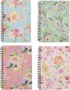 Yansanido Spiral Notebook, 4 Pcs A5 Thick Flower Design Hardcover 8mm Ruled 4 Color 80 Sheets -160 Pages Journals for Study and Notes (flower)