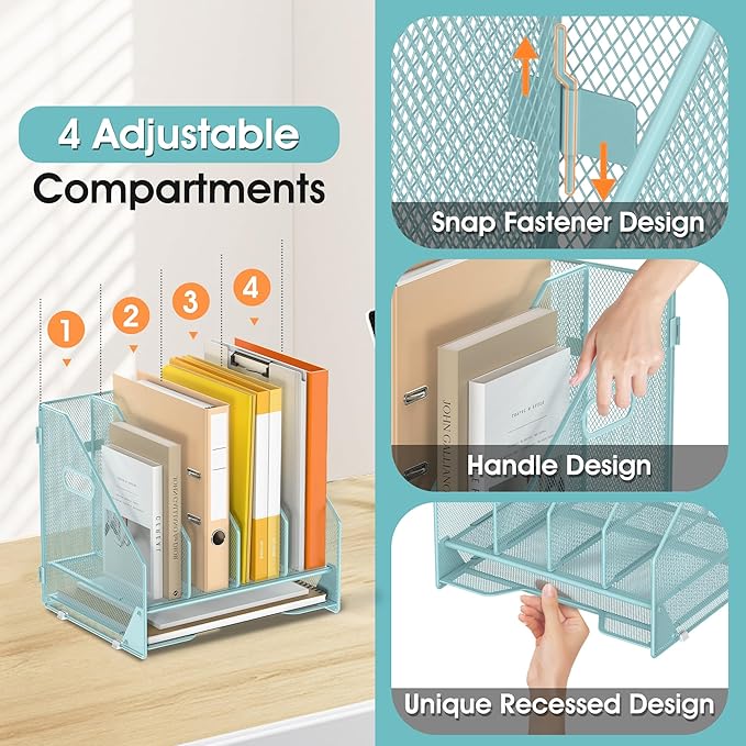 OrgMate Desk File Folder Holder Organizer-4 Vertical Compartments Racks and Paper Letter Tray,Mesh Magazine File Holder Sorter,Desktop Accessories & Workspace Organizers for Home,Office,School-Blue