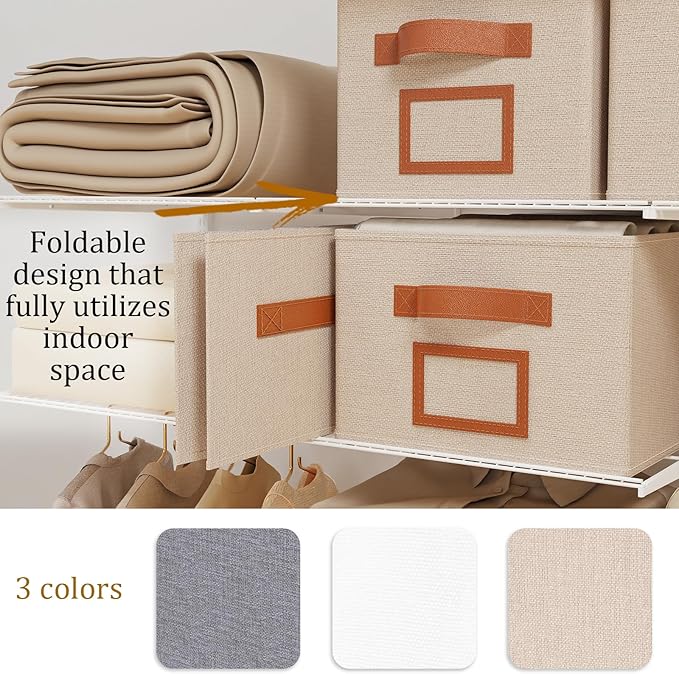 OUTBROS Foldable Storage Box for Shelves, 15 x 10.2 x 7.9 inch Fabric Baskets, Wardrobe Organiser with Handles, Suitable for Storing Clothes, Books, Cosmetics (Beige, 3-Pack)