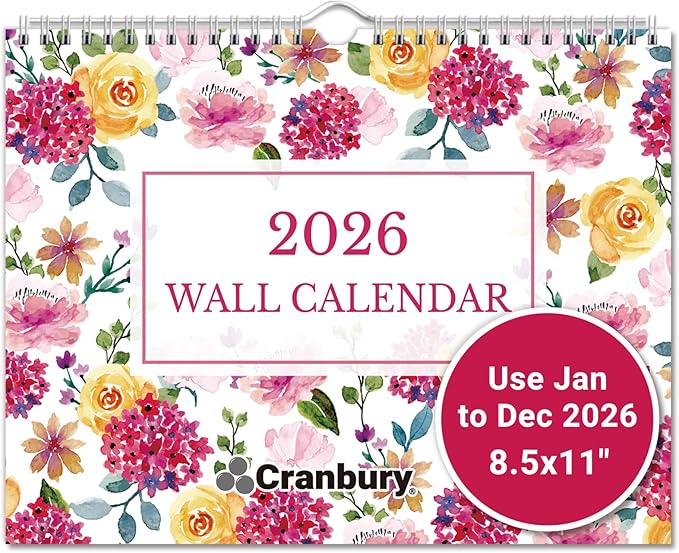 Cranbury Wall Calendar 2026 8.5x11, 12 Month Desk Calendar with Bouns Stickers and Large Writing Blocks, Premium Paper, Floral Design, 8x11 Planner 2026, Twin-Wire Binding