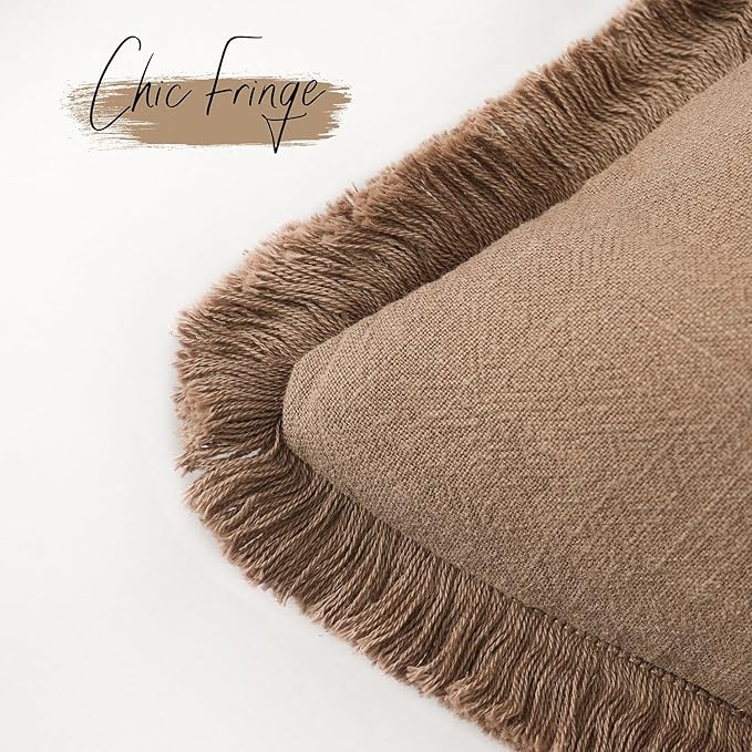 Foindtower Set of 2 Decorative Linen Fringe Throw Pillow Covers Cozy Boho Farmhouse Cushion Cover with Tassels Soft Accent Pillowcase for Couch Sofa Bed Living Room Home Decor, 26×26 Inch, Khaki Brown