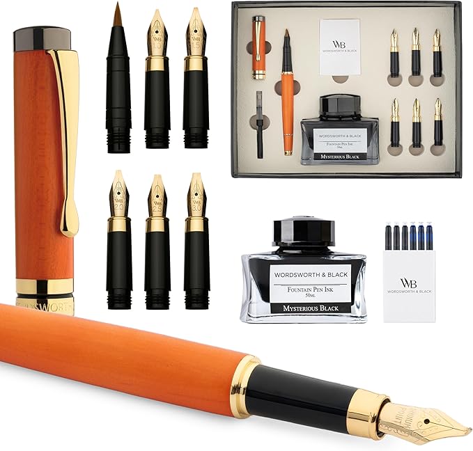 Wordsworth & Black Calligraphy Pen Gift Set, Includes Ink Bottle, 6 Ink Cartridges, Ink Refill Converter, 6 Replacement Nibs, Luxury Bamboo, Journaling, Smooth Writing Pens [Cherry Wood]