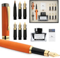 Wordsworth & Black Calligraphy Pen Gift Set, Includes Ink Bottle, 6 Ink Cartridges, Ink Refill Converter, 6 Replacement Nibs, Luxury Bamboo, Journaling, Smooth Writing Pens [Cherry Wood]