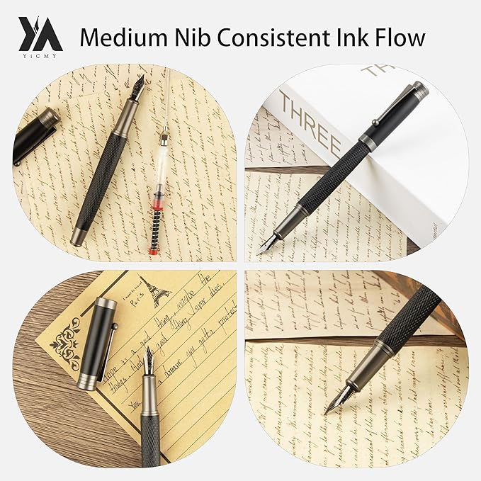 YICMY Fancy Fountain Pen Set – Fine & Medium Nibs, Includes 18 Ink Cartridges, Ink Converter, Syringe Filler, Luxury Gift for Writing, Journaling & Calligraphy，Black