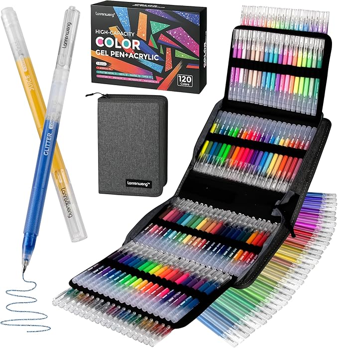 120 Color Gel Pens for Adult Coloring Books,1.0mm Bullet Tip Acrylic Gel Pens,Glitter Colored Gel Pens Set,Large Capacity Artist Maker Pens for Drawing Doodling Journaling, Art Supplies and DIY Crafts