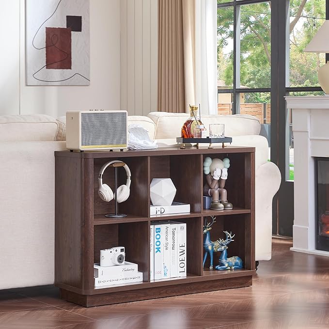 Joaxswe 6 Cube Storage Bookcase, 40" Wide Low Horizontal Book Shelf with Curved Edge, Wood Floor Standing 2-Tier Bookshelf with Base, Farmhouse Short Book Case for Bedroom, Living Room, Office, Walnut
