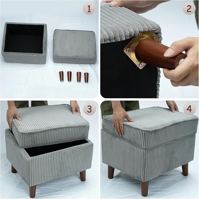 FAGAGA Storage Ottoman with Adjustable Lid, Soft Step Stool, Footrest and Seat, Ottoman Foot Rest for Living Room, Bedroom, Dorm, Light Gray
