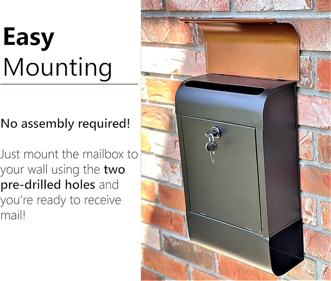 NACH Locking Mailbox, 16 x 4.5 x 10 inch, Black Mailbox with Lock, Waterproof Mailbox Wall Mount - The Dominion Lockable Mailbox