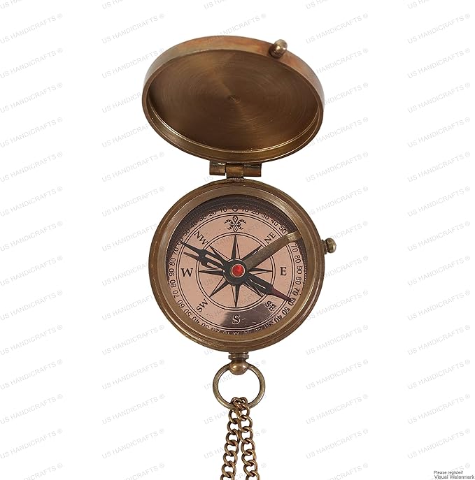 US HANDICRAFTS Brass Camping Compass, Engraved with Leather Case, Antique Finish, Perfect for Outdoor Adventures