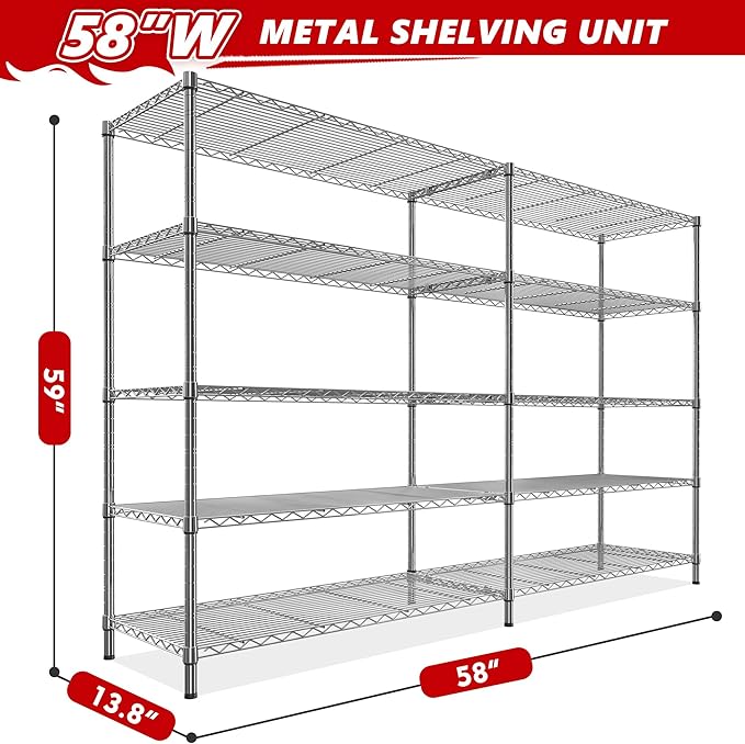 REIBII 58" W Storage Shelves Wire Shelving 1400LB Metal Shelves for 5 Tier Shelving Unit with Shelf Adjustable Garage Shelving Rack for Pantry Kitchen Garage, 58" W x 59" H x 13.8" D, Chrome