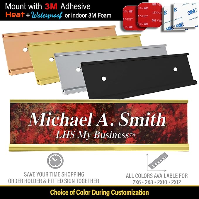 Custom Name Plate with Choice of Mounting for Walls, Doors, Cubicles, Hanging and More - Personalized Cashew Plastic Black Letters - USA Made 2x12 - N6
