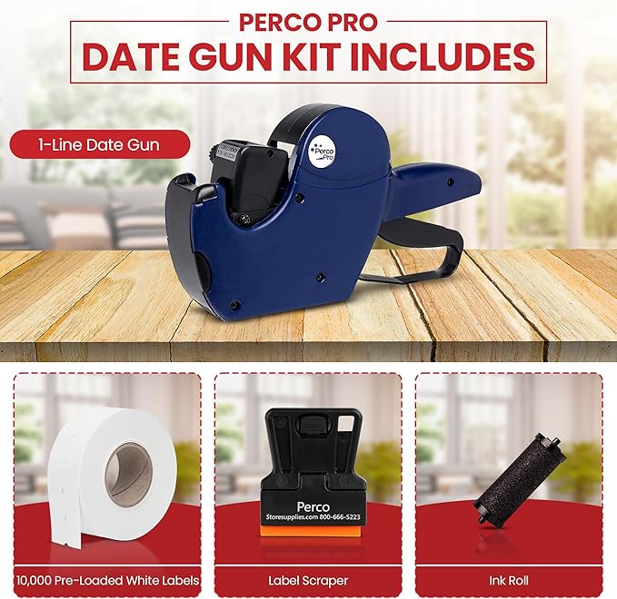 Perco Pro 1 Line Date Label Gun Kit, Includes 8 Digits Date Gun Labeler, 10,000 Plain White Labels, and Preloaded Inker