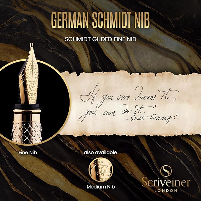 Scriveiner Luxury Fountain Pen - Stunning Luxury Pen, Real Gold Finish, Schmidt Gilded Nib (Fine), Converter, Best Pen Gift Set for Men & Women, Professional, Executive, Office, Nice Pens