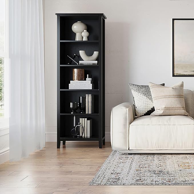 SIMPLIHOME Artisan Bookcase - 72 inch Tall 5-Shelf Solid Wood Bookshelf in Black, Contemporary Storage for Living Room, Study Room or Office with Adjustable Shelves and Decorative Side Panels