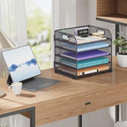 Cawukege 5 Tier Paper Organizer with Handle, Metal Mesh Desk Organizer File Folder Paper Letter Tray Desktop Document Sorter for Classroom, School, Office Accessories Organization and Storage - Grey