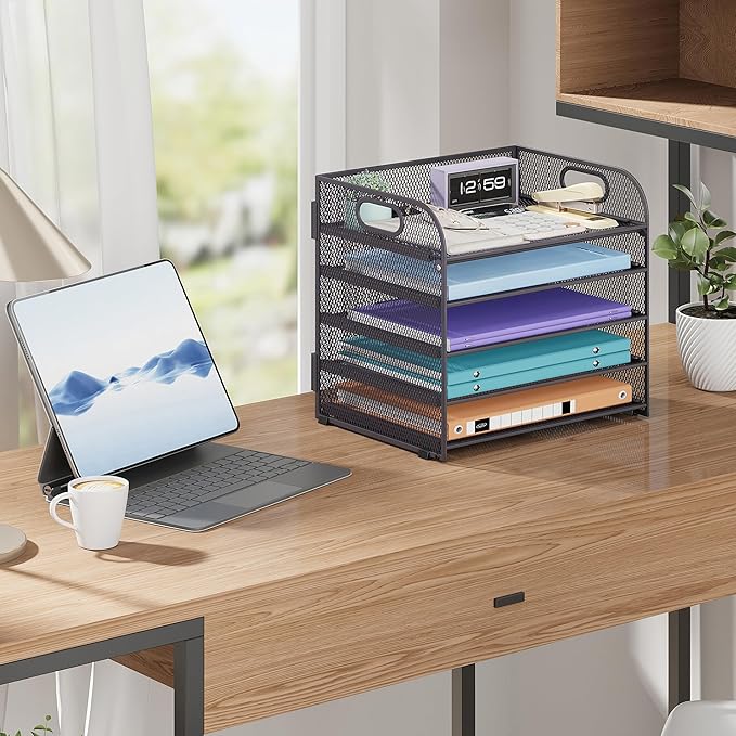 Cawukege 5 Tier Paper Organizer with Handle, Metal Mesh Desk Organizer File Folder Paper Letter Tray Desktop Document Sorter for Classroom, School, Office Accessories Organization and Storage - Grey