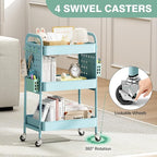 KINGRACK 3 Tier Rolling Cart with DIY Hanging Board, Metal Rolling Utility Cart with Wheels Handles Baskets Hooks, Rolling Storage Cart Suitable for Bathroom, Kitchen, Office, Nursery Diaper（Blue）