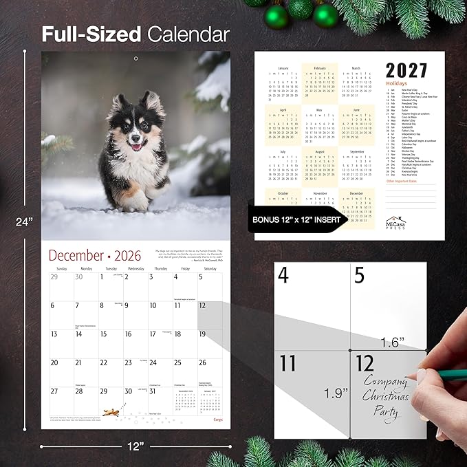 MICASA PRESS Corgis 2026 Wall Calendar 12 Month | 12" x 24" Open | Thick & Sturdy Paper | Holiday Gift | Cute Puppy Dog Calendar 2026