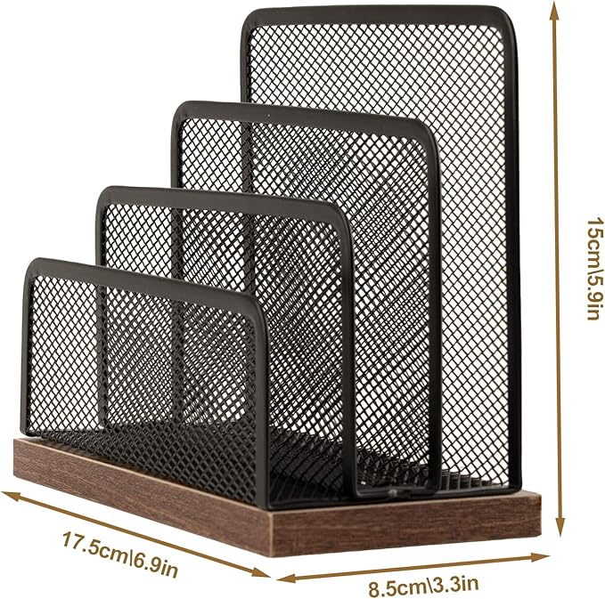 Wooden Desk Mail Organizer, Desktop File Organizer Metal Mesh with 3 Vertical Upright Compartments, Mail Sorter Letter Organizer Rack for Letters, Postcards, Brochures, Mail Holder (2 Pack Black)