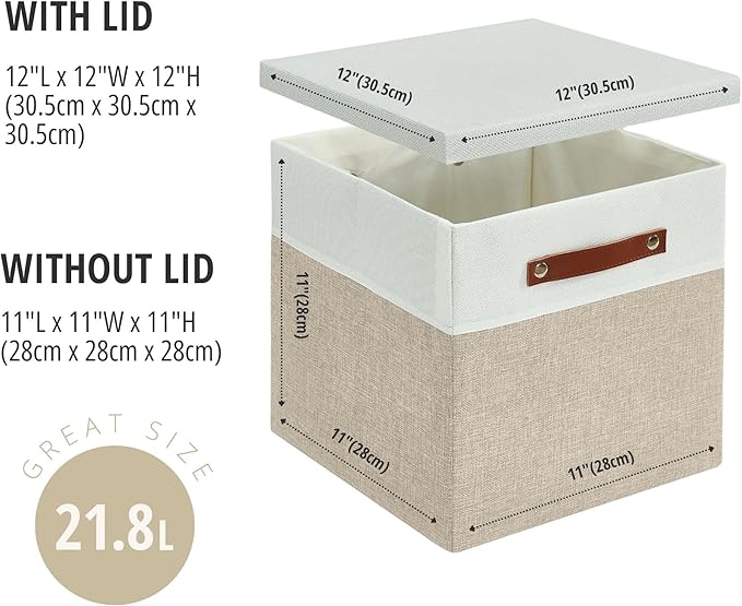 DECOMOMO Storage Basket with Lid, Storage Cubes with Handles, Fabric Box with Lid (Beige and White, 11” / 3 Pack)