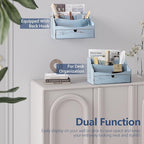 Rebee Vision Pine Wooden Mail Organizer for Desk - Rustic Farmhouse Mail Holder for Desk Organization with Drawer & Dividers - 4-Slot Letter Sorter, File Storage & Home Office Decor (Blue)