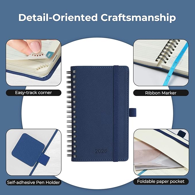 IN-LUXPRO Planner 2026 Daily Weekly and Monthly,6.5"x3.75",12 Months Spiral Bound Calendar Agenda with Self-adhesive Pen Holder,2026 Appointment Book with Vegan Leather Soft Cover,Blue