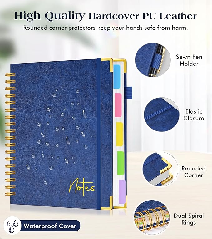 Spiral Notebook Journal with Removable Dividers Tabs, 300 Pages Hardcover Leather 5 Subject College Ruled Notebook, 8"x10" Large B5 Lined Journal for Women Men, Spiral Notebooks for Work School, Navy