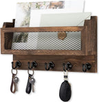 Nekon Mail and Key Holder for Wall Decorative, 11 Inch Wooden Wall Key Organizer with 5 Key Hooks, Wall Mount Storage Shelf for Entryway Hallway (Brown)