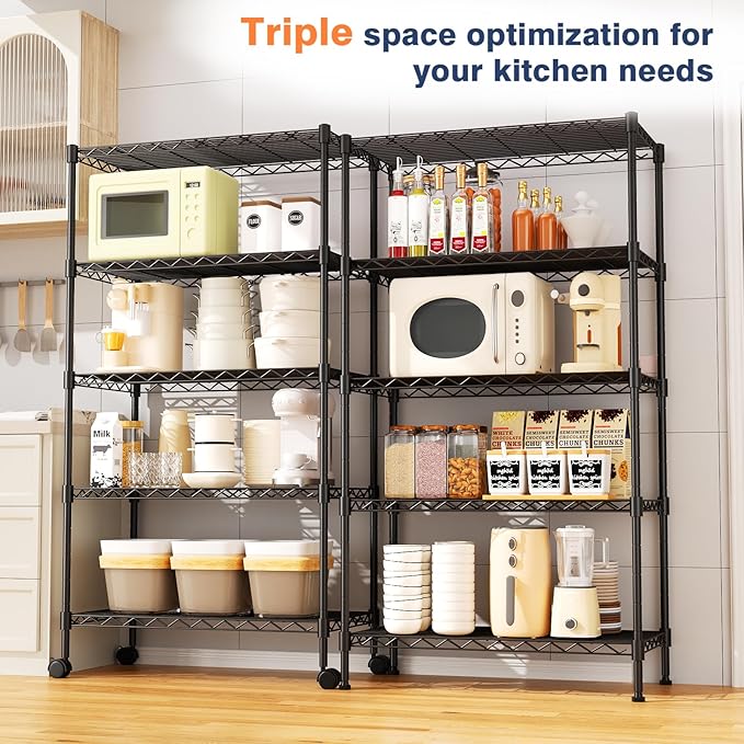 VANZBON 5-Tier Heavy Duty Wire Shelving Unit,35" Wx18 Dx71 H,Wire Shelf Racks with Wheels,Height Adjustable Storage Metal Shelves for Kitchen,Garage,Office,Living Room,Pantry,Black