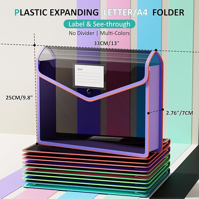 ThinkTex Plastic Expanding File Folder, Black Transparent Envelopes with Snap Closure,Suitable for Home, Office, School and Hospital, Large Capacity，No Dividers, Two-Tone, Fit Letter/A4 Size-5Pcs