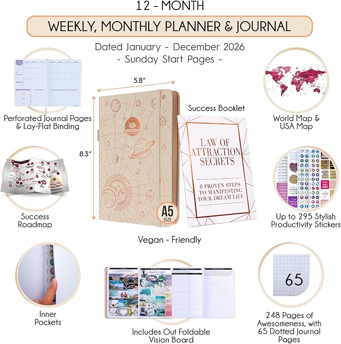 Law of Attraction Planner 2026 Deluxe with Productivity App | Weekly & Monthly Goal-Setting Planner, Life & Gratitude Journal | Include Foldable Vision Board, Gift Box & Stickers