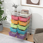 HAPPYGRILL 10-Drawer Rolling Storage Cart, Storage Organizer Cart with Lockable Wheels, Beauty Salon Movable Utility Cart for School, Office, Home, (Clear Colorful)