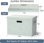 Graciadeco Large 17" 36 Quart Collapsible Stackable Storage Bins with Lids, 3 Packs Light Green Linen Fabric Closet Boxes with Lids, Storage Cube Baskets Container Organizers for Office (17x12x11)