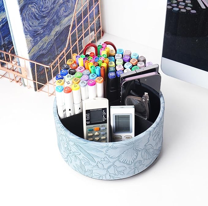 Hennaja Remote Control Holder, 360°Spinning PU Leather Desk TV Remote Caddy,Desk Storage Box Room Accessories for Controller, Media,Mail,Calculator, Mobile Phone,Pencil(1-Carved Blue)