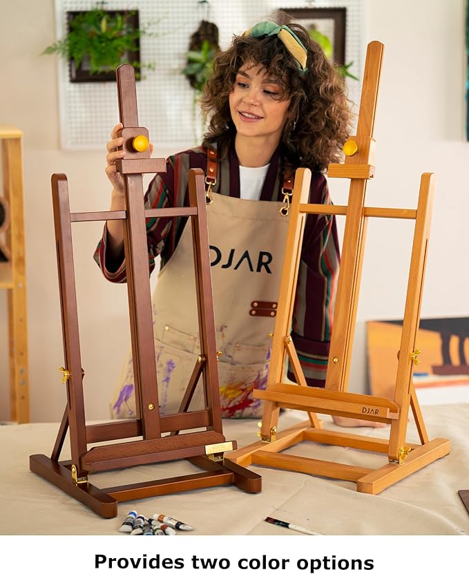 DJAR H- Frame Tabletop Painting Easel, Adjustable Solid Beech Wood Desktop Art Easel, Hold Canvas Up to 27.5", Assembly-Free Art Stand for Artist, Student, Natural