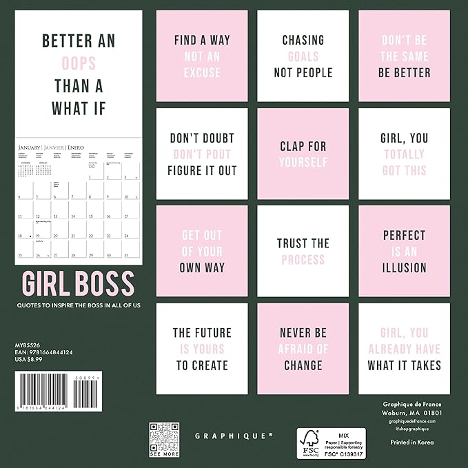 Graphique 2026 Girl Boss Mini Wall Calendar | 7” x 7” | Thick Paper | Home & Office Organizer | Large Monthly Grid | 3 Languages & Marked Holidays | 4 Month Preview Page for 2027