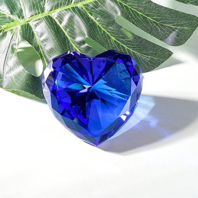 Blue Crystal Diamonds Paper Weights, Heart Shape Real Diamond Glass Gems Paperweight for Decoration, Big Diamonds Home Office Decor Valentine's Day Gift Wedding Favors with Gift Box 80mm