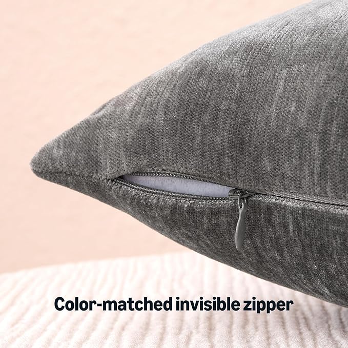 Amazon Basics Chenille Throw Pillow Covers, Home Decor Lumbar Cushion Cover for Bedroom Living Room Couch Bed, 12" W × 20" L, Dark Gray