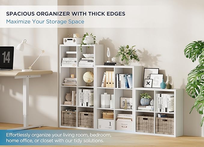 Jpiziso 9-Cube Storage Organizer, Wooden Cube Shelf Bookcase with Reinforced Thick Shelves, Heavy-Duty 36.93" L x 9.37" W x 36.93" H, for Living Room Bedroom Home Office, White
