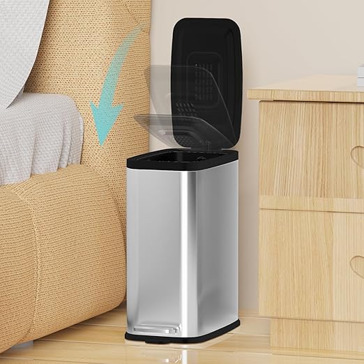 KdbK Stainless Steel Bathroom Trash Can with Lid Soft Close,1.6 Gallon Slim Garbage can,Small Metal Step Wastebasket for Office, Bedroom, Toilet, Live Room