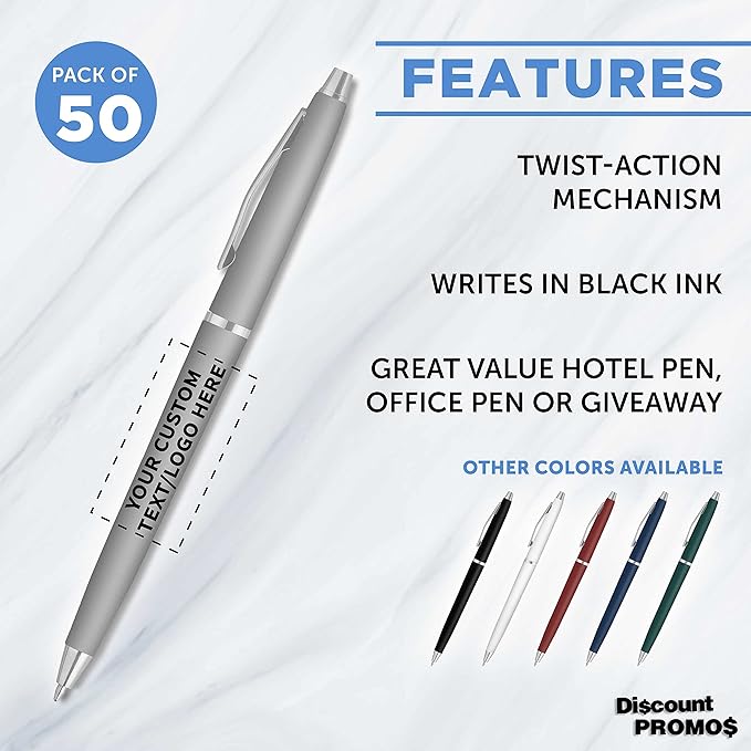 DISCOUNT PROMOS Custom Langham Ballpoint Pens Set of 50, Personalized Bulk Pack - Black Ink, Great for Office, School, Business, Tradeshows - Silver