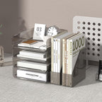 Clear Paper Organizer with Movable Bookends, Brown Acrylic Stackable Paper Tray for Desk, 4-Tier Letter Tray Organizer Office Supplies