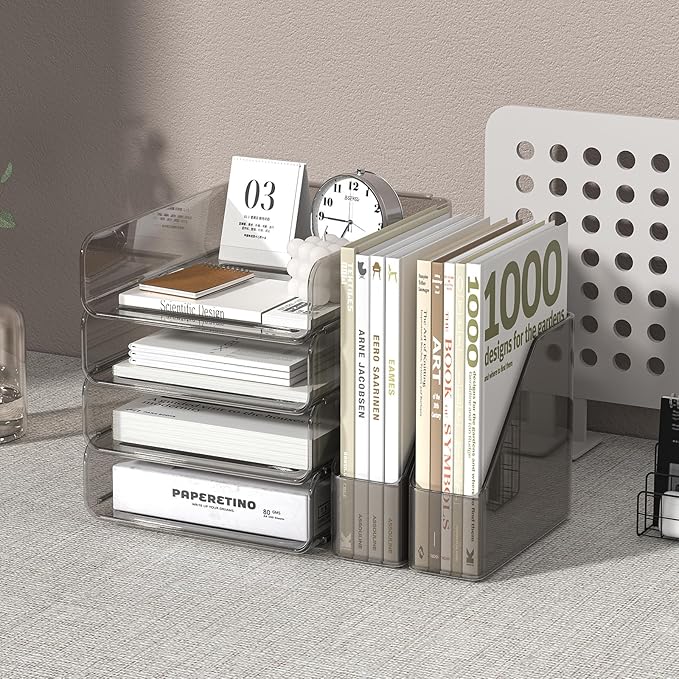 Clear Paper Organizer with Movable Bookends, Brown Acrylic Stackable Paper Tray for Desk, 4-Tier Letter Tray Organizer Office Supplies