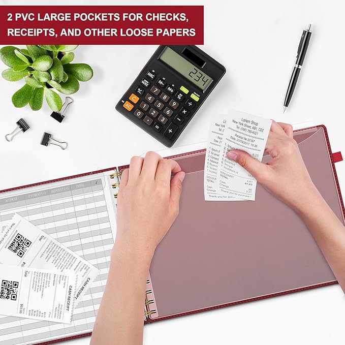 HAUTOCO Hardcover Accounting Ledger Book for Small Business Bookkeeping Horizontal Money Expense Tracker Notebook with 2 Storage Pouch, Personal Columnar Log Journal 10.78 x 8'', Cherry Red