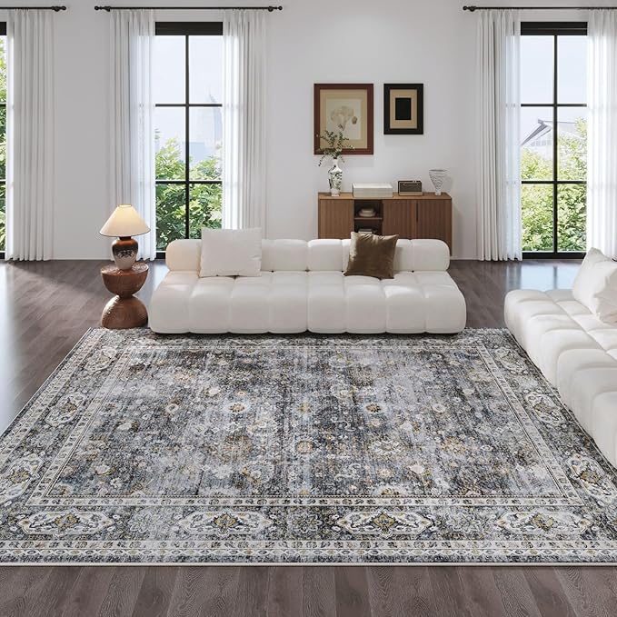 Rugcomf Area Rug 5x7 Washable Rug Boho Soft Non-Slip Non-Shedding Faux Wool Vintage for Living Room, Bedroom Rug, Farmhouse, Dining Room, Indoor, Kids Playroom (Grey)