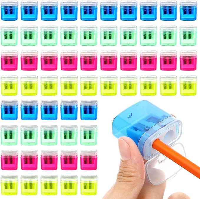 60 Pcs Manual Pencil Sharpeners with Lid, Double Hole Handheld Sharpeners for Office Home, 4 Colors